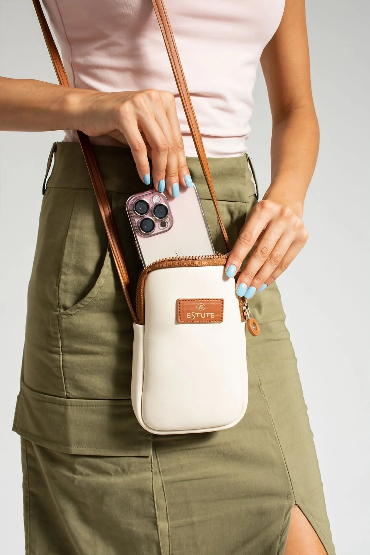 TurkAttar Leather Phone Holder with Adjustable Shoulder Strap Shoulder Bag and Handbag Stylish and Versatile Cream Color